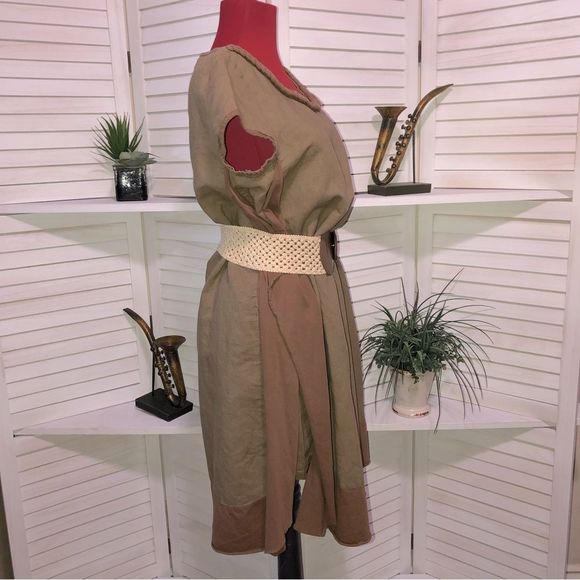 Vintage 70s hippie boho brown dark beige mini dress Sz L - Picture 3 of 8